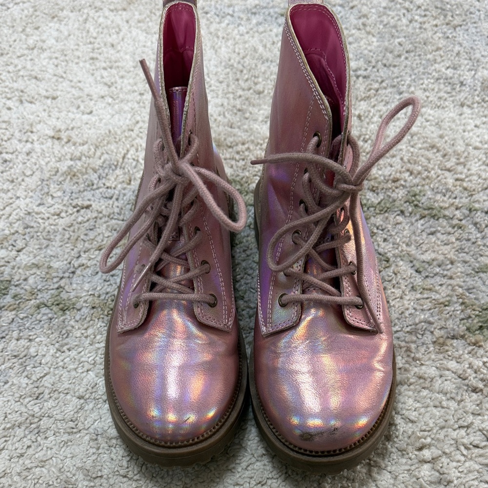 Iridescent Pink Lace-Up Boots